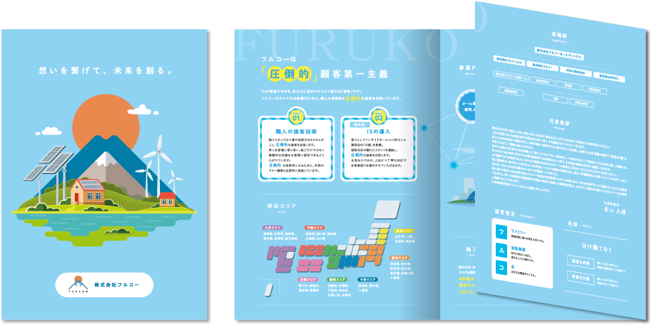 株式会社フルコー様 会社案内デザイン実績 巻き三つ折り 6ページ