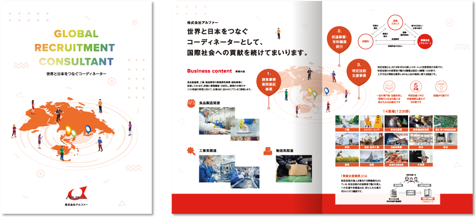 株式会社アルファー様 会社案内デザイン実績 センター折り 4ページ